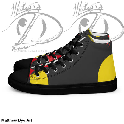 High-top sneaker in black, gray, yellow, and red featuring Vintage Black Cat design
