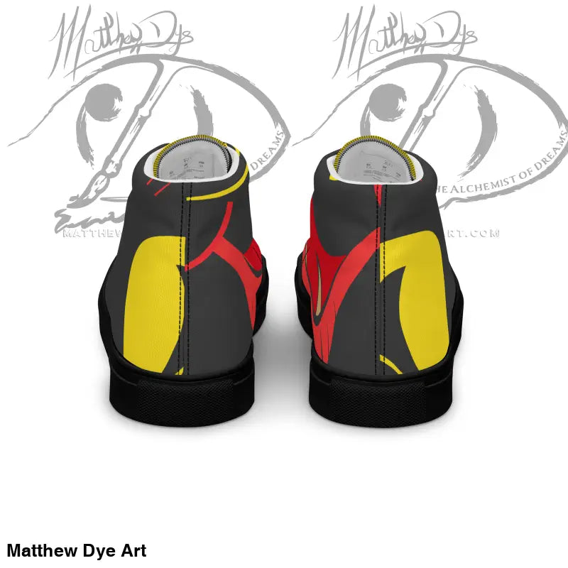 Black high-top sneakers with yellow and red accents, featuring Vintage Black Cat design