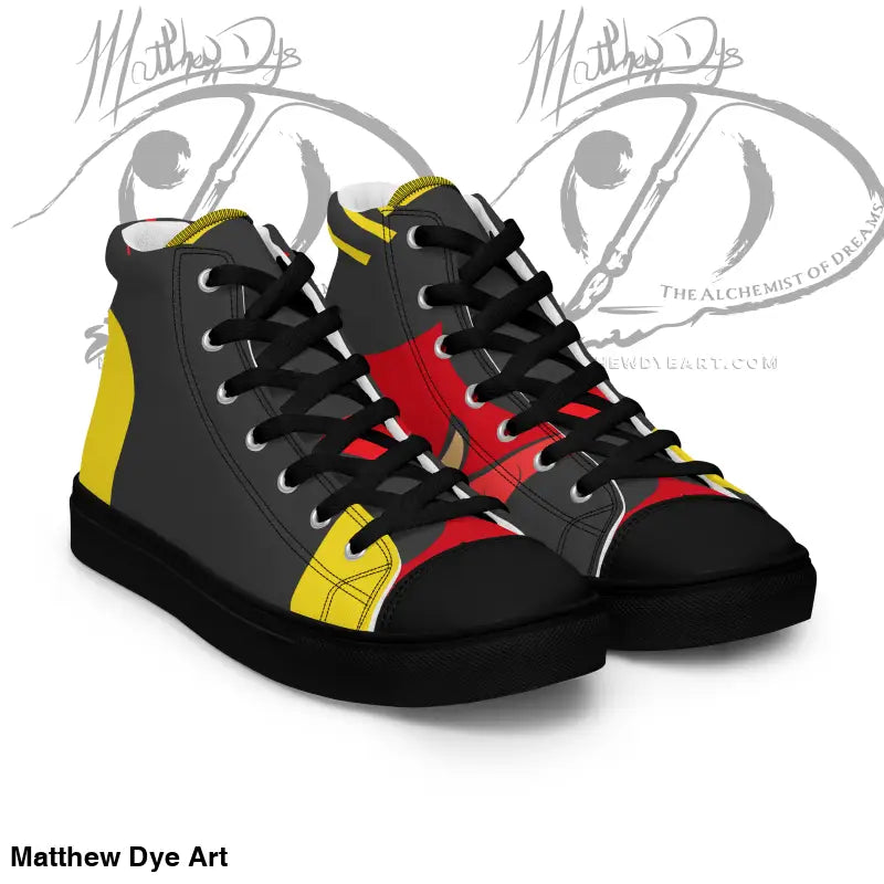 High-top sneakers with black, red, and yellow color blocks, featuring vintage black cat design