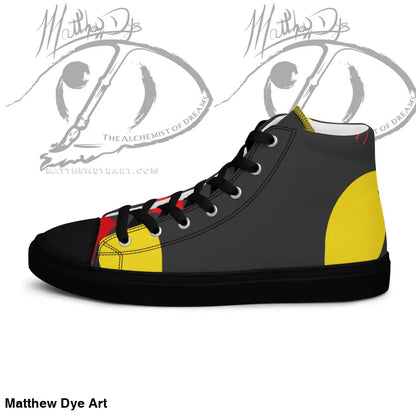 High-top sneakers featuring black, gray, and yellow color blocks with red laces, vintage black cat design