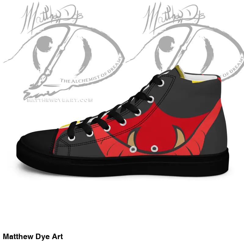 High-top sneaker in black and red with eye design, perfect for vintage black cat lovers