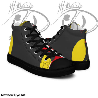 High-top sneakers featuring black, yellow, and red blocks, ideal for vintage black cat enthusiasts