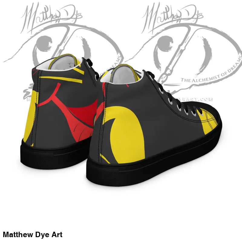 High-top sneakers featuring a black cat design in red and yellow, ideal for men in UK Europe