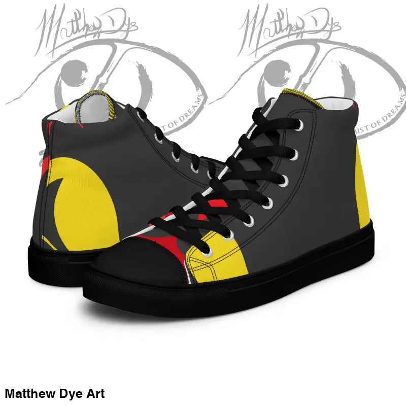 Black high-top sneaker with yellow and red design elements from Vintage Black Cat collection