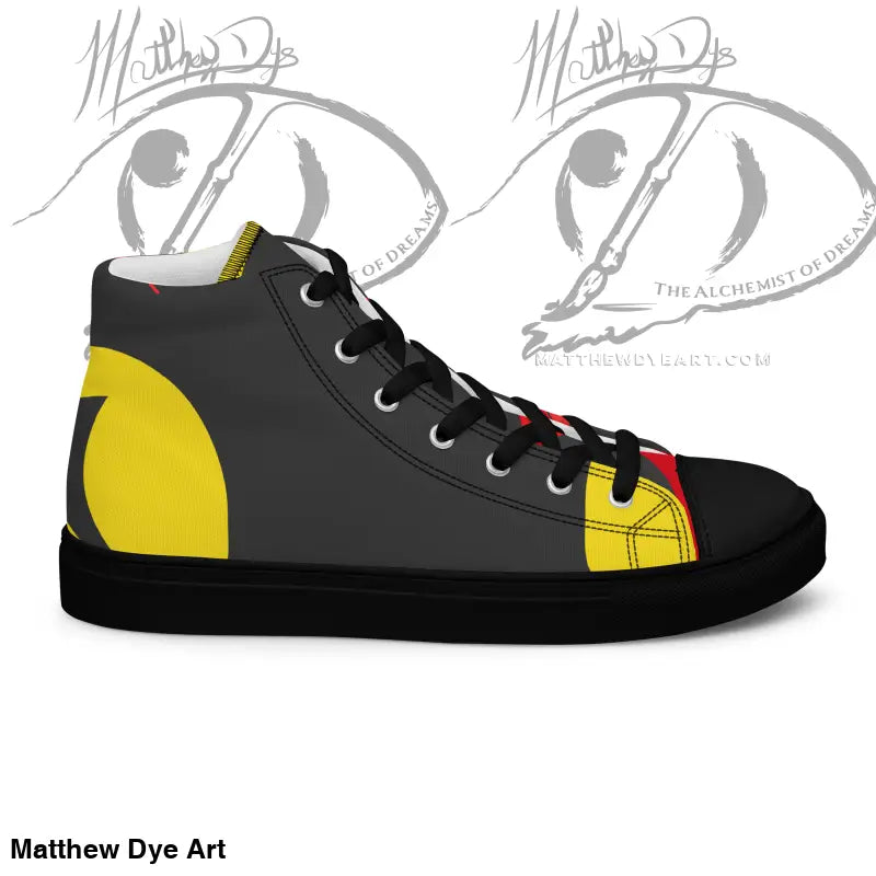 High-top sneaker in black and gray with yellow and red accents for Vintage Black Cat enthusiasts