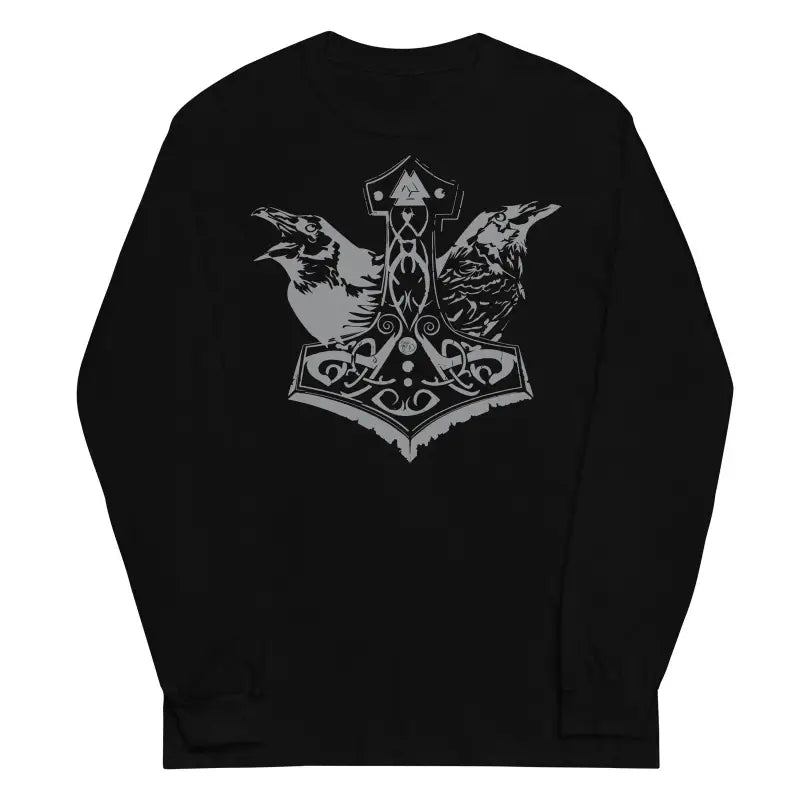 Black long sleeve tee featuring a Norse mythology Thor’s hammer design on the back