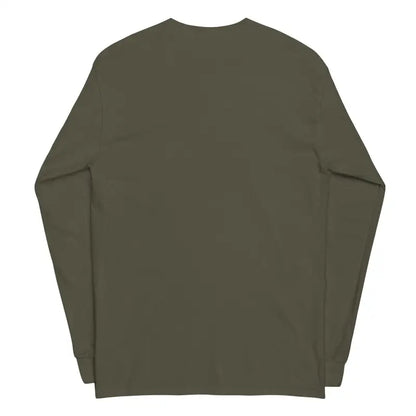 Olive green long-sleeved crewneck shirt featuring Norse mythology design for stylish wear