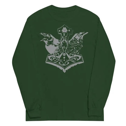 Dark green Viking-inspired long-sleeve tee featuring a gray Thor’s hammer design