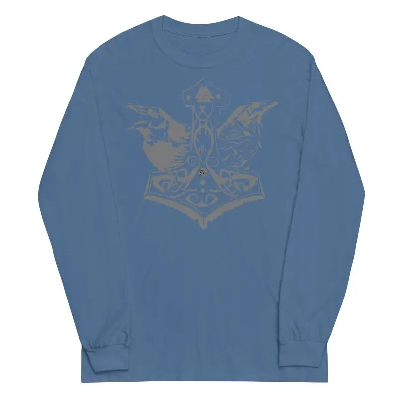 Blue long sleeve tee featuring metallic graphic design inspired by Norse mythology