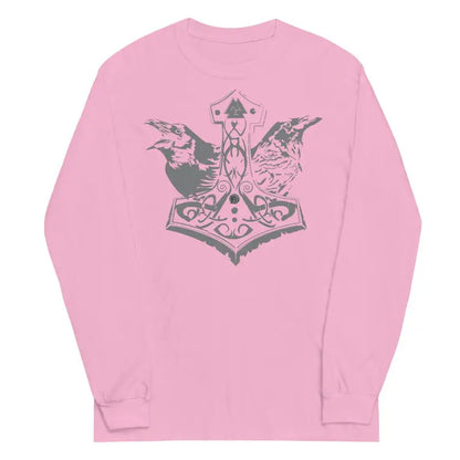 Pink long sleeve tee featuring a dark gray ornate anchor design inspired by Norse mythology