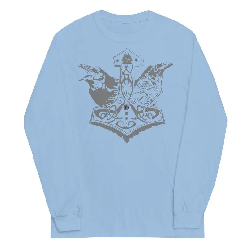 Light blue long sleeve tee featuring decorative Norse mythology Thor’s hammer design