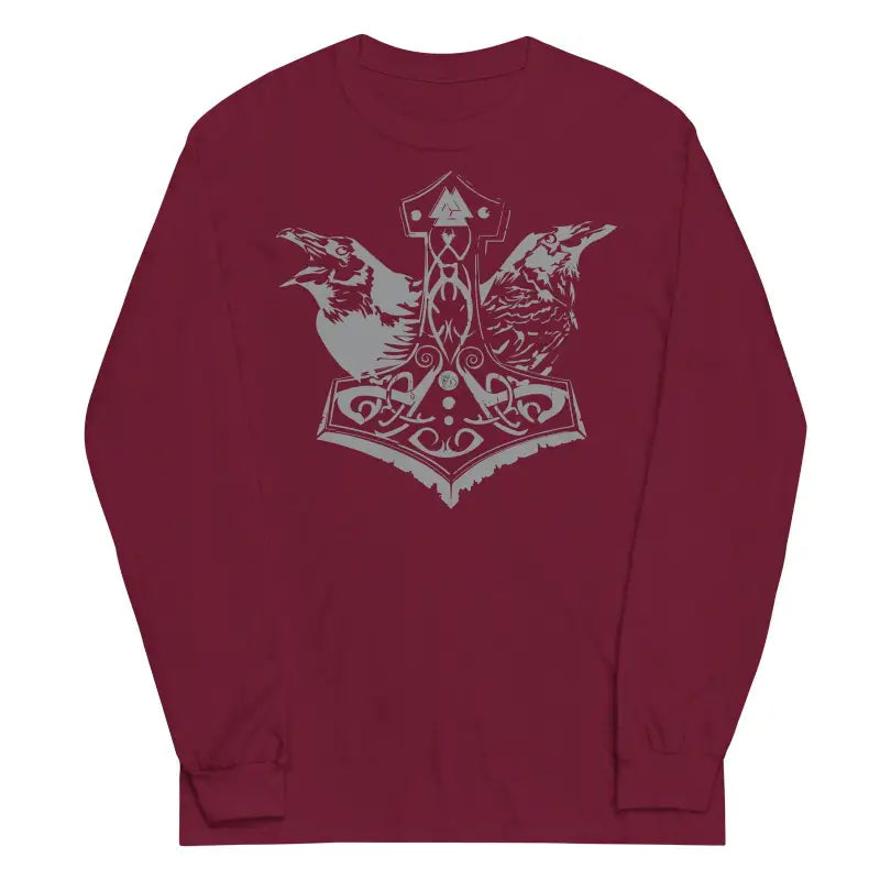 Burgundy long sleeve tee featuring gray Norse-style Thor’s hammer design on back