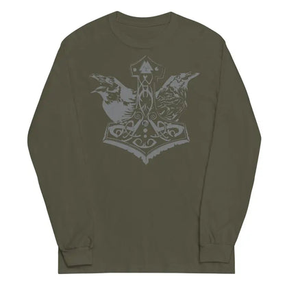 Olive green Viking-inspired long-sleeve tee featuring Thor’s hammer design