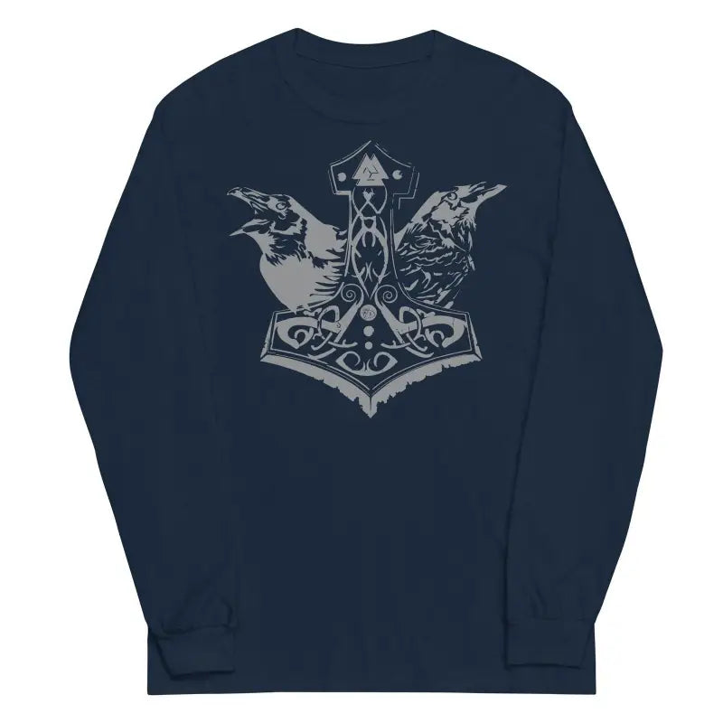 Navy blue long sleeve tee featuring Norse mythology Thor’s hammer design on back