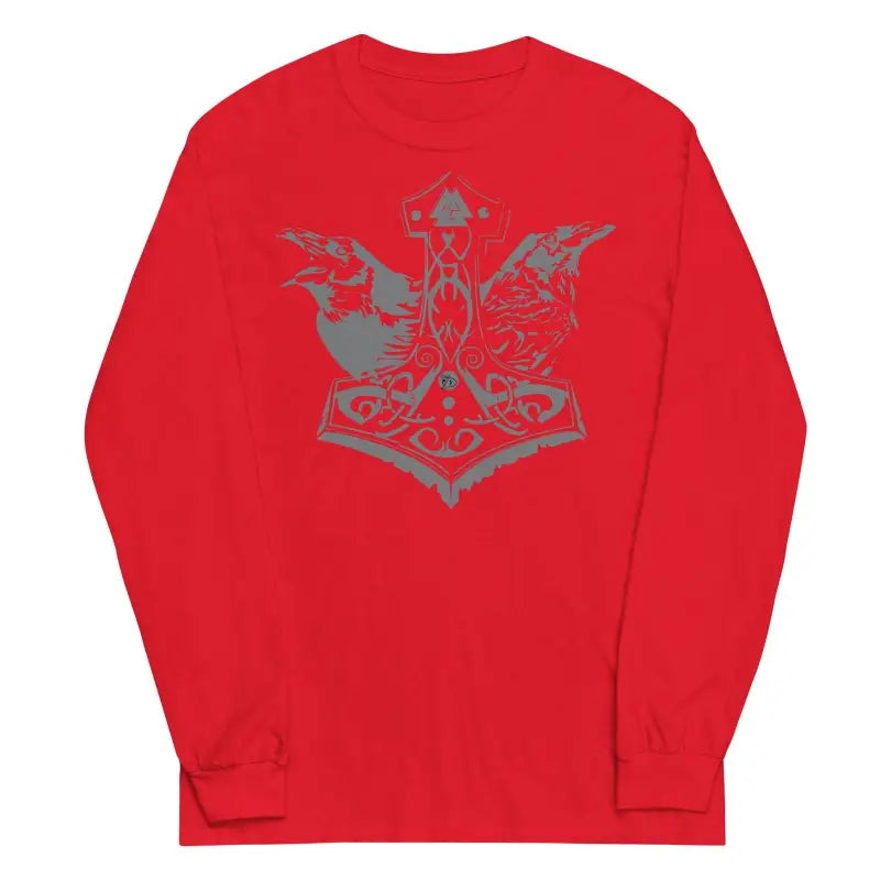 Red long sleeve tee featuring gray ornate anchor design inspired by Norse mythology