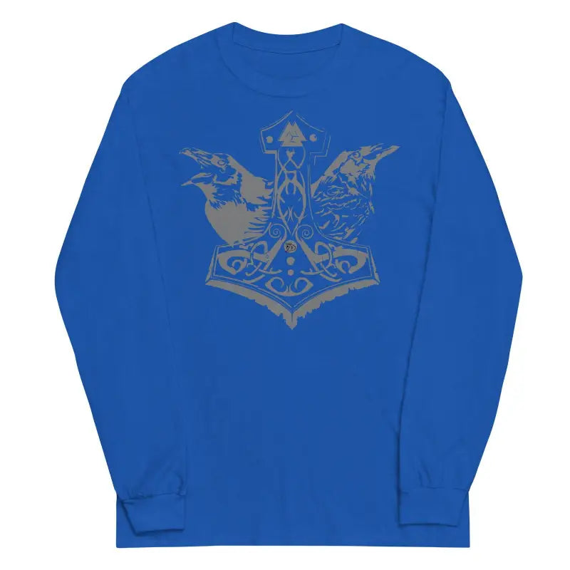 Royal blue long sleeve tee featuring a gray tribal-style anchor from Norse mythology