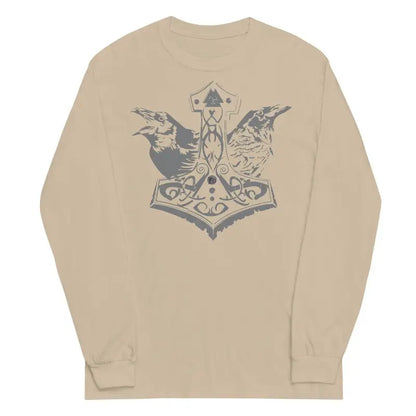 Beige Viking-inspired long-sleeve tee featuring Norse gods, Thor’s hammer, and ravens