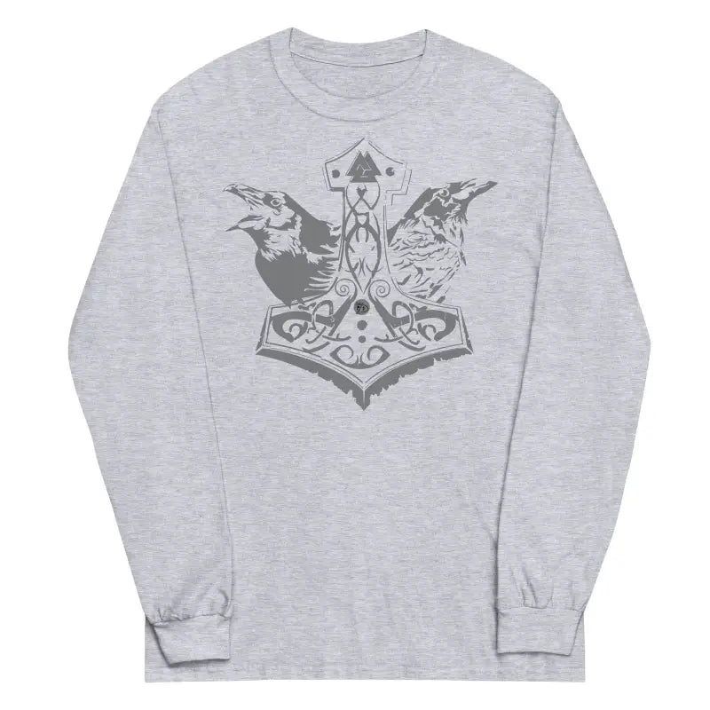 Grey long sleeve tee featuring Norse mythology design of Thor’s hammer and ravens