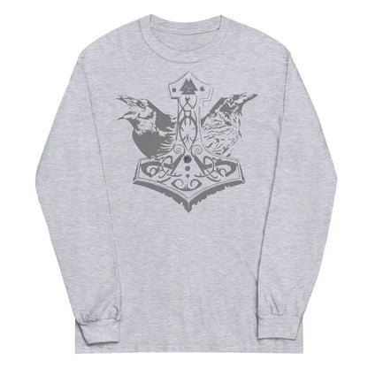 Grey long sleeve tee featuring Norse mythology design of Thor’s hammer and ravens