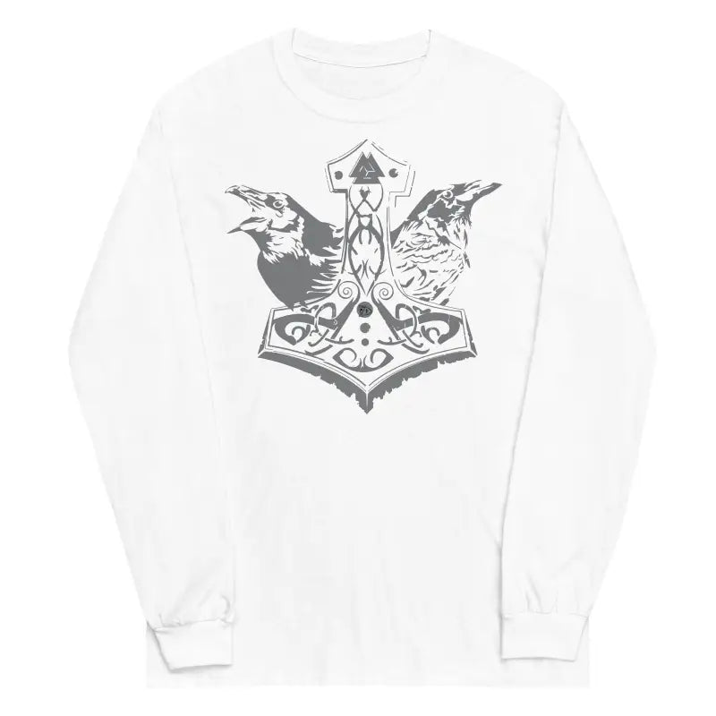 White long-sleeve tee featuring a Norse mythology Thor’s hammer design on the back