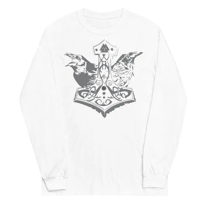 White long-sleeve shirt featuring Norse-inspired Thor’s hammer design for Viking enthusiasts