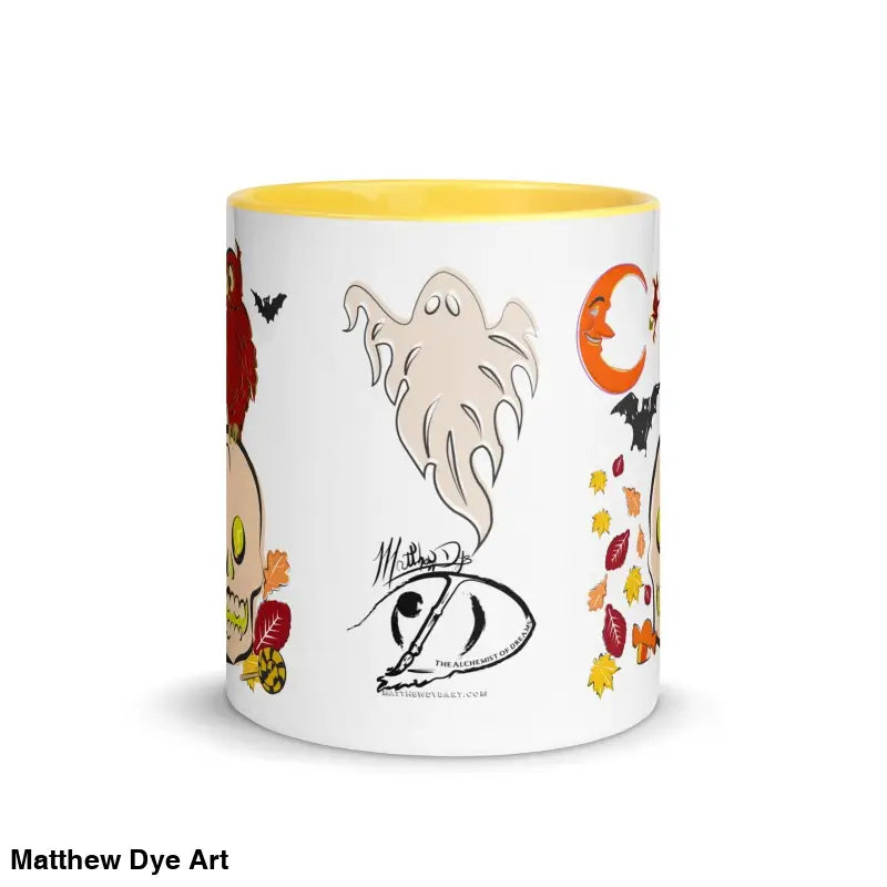White ceramic mug decorated with Halloween ghosts, bats, and autumn leaves