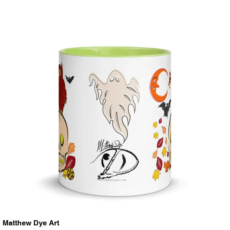 White ceramic mug adorned with Halloween ghosts, bats, and autumn leaves decorations