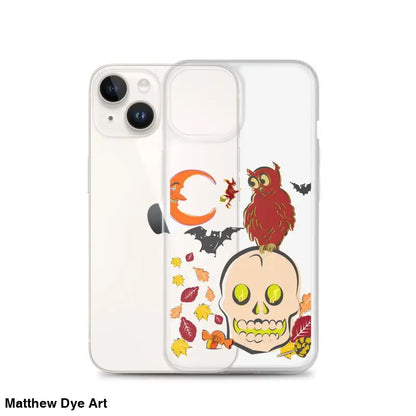 Clear phone case featuring cartoonish skull, owl, bats, and autumn leaves for Haunted Harvest
