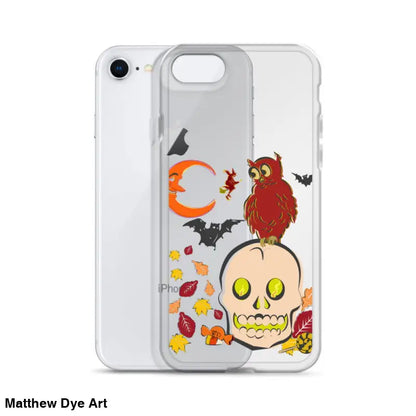 Clear iPhone case with Halloween artwork featuring cartoonish skull for Haunted Harvest