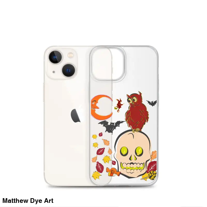 Clear iPhone case with Halloween skull, owl, bats, and leaves for Haunted Harvest