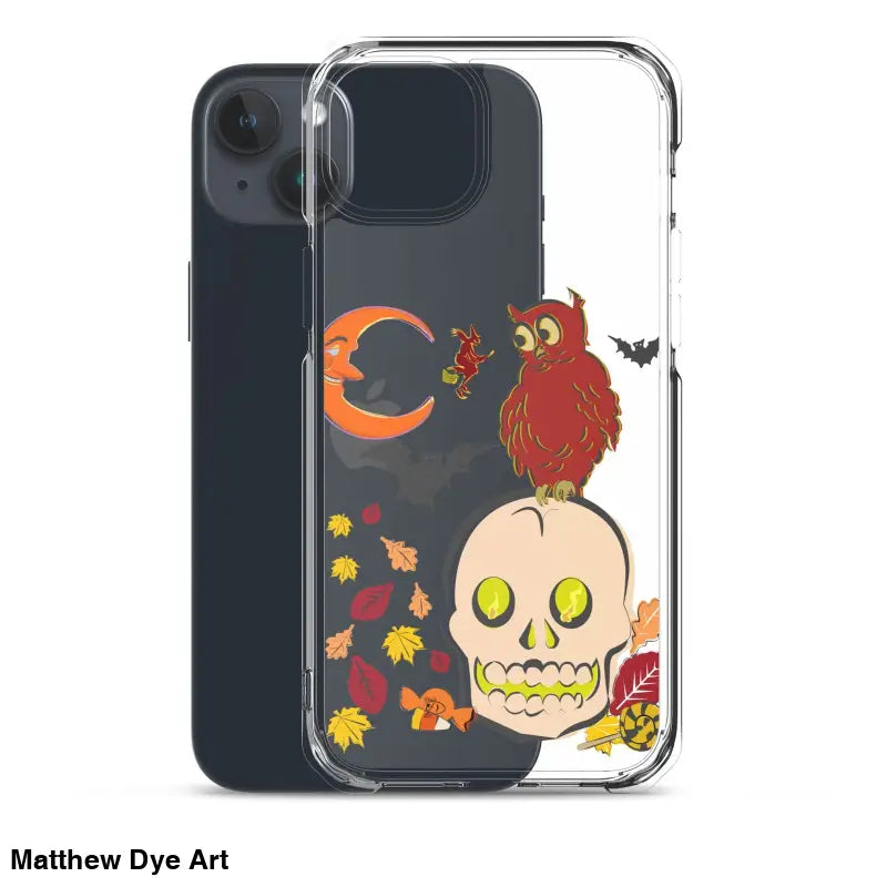 Clear phone case with haunted harvest designs, featuring a cartoonish skull and autumn leaves