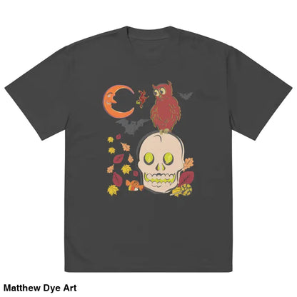 Gray oversized faded t-shirt featuring Halloween-themed graphic for a haunted harvest vibe