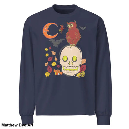 Navy blue long-sleeved shirt featuring Halloween owl and skull graphic design