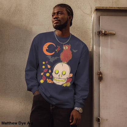 Navy blue Halloween-themed sweatshirt featuring an owl and skull design, unisex style