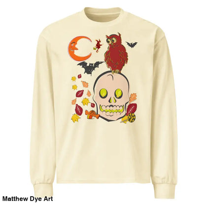 Long-sleeved Halloween-themed shirt featuring an owl and skull design for vintage style