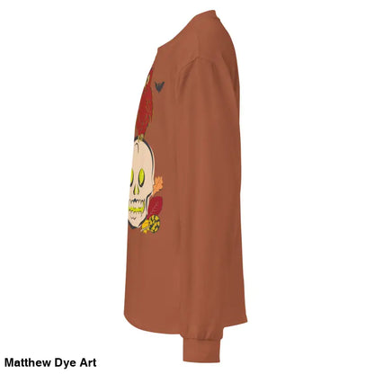 Brown long-sleeved shirt featuring a skull and owl design for Halloween fashion