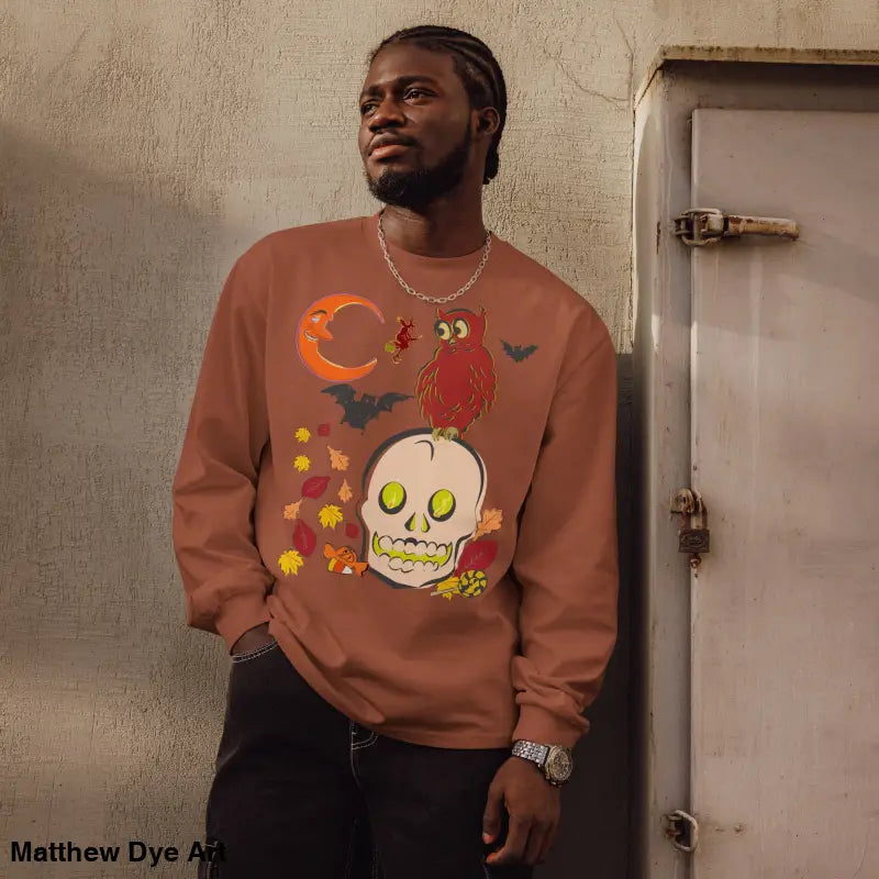 Halloween-themed long-sleeved shirt featuring vintage owl and skull artwork
