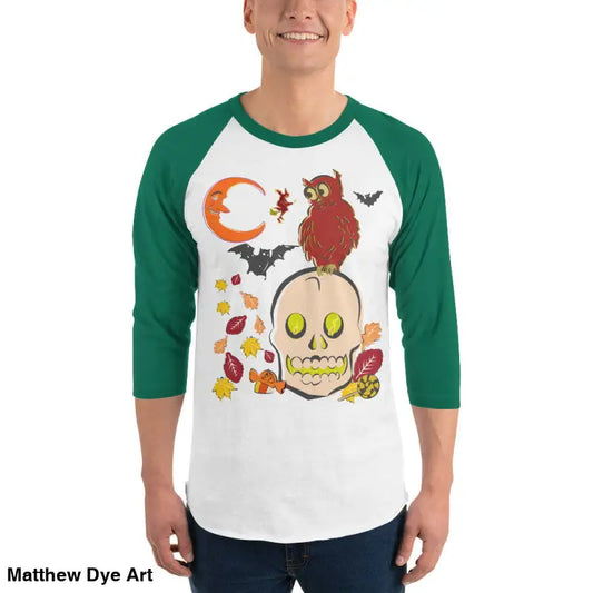 Baseball-style 3/4 sleeve raglan shirt featuring Halloween skull and owl design for Haunted Harvest