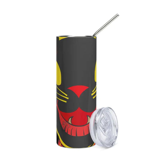 Black Vintage Cat Stainless Steel Tumbler featuring a whimsical cat face design