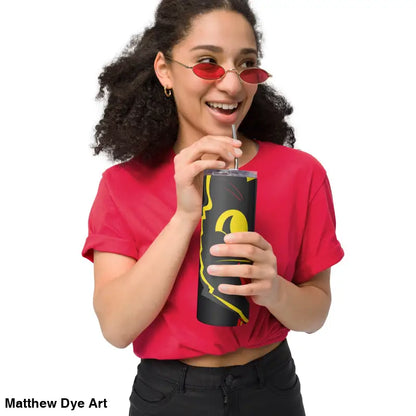 Black and yellow tumbler featuring a vintage cat design crafted from high-grade stainless steel