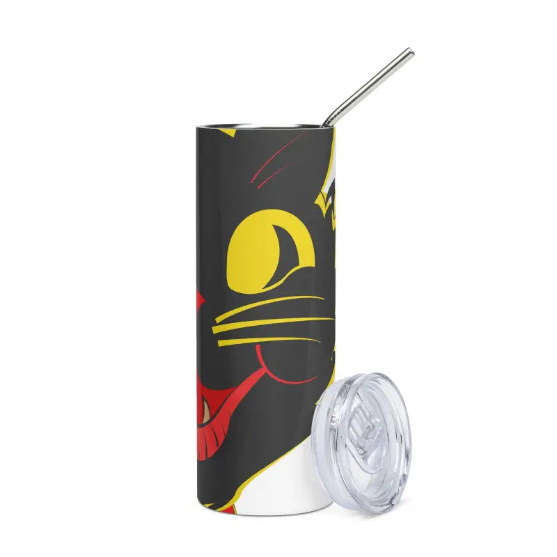 Black tumbler with yellow and red abstract design, perfect for traversing life’s paths