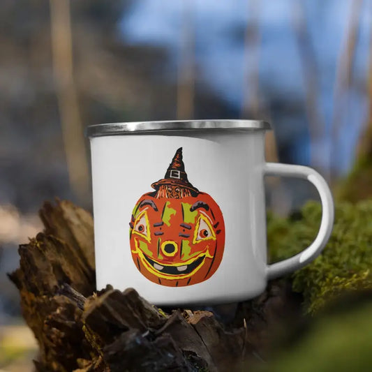 White enamel Vintage Pumpkin Witch Mug showcasing Matthew Dye art of a jack-o’-lantern