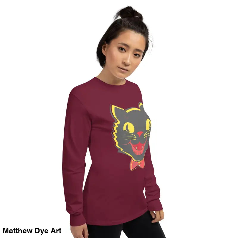 Burgundy long sleeve shirt featuring a black cat graphic, perfect for vintage cat unisex style