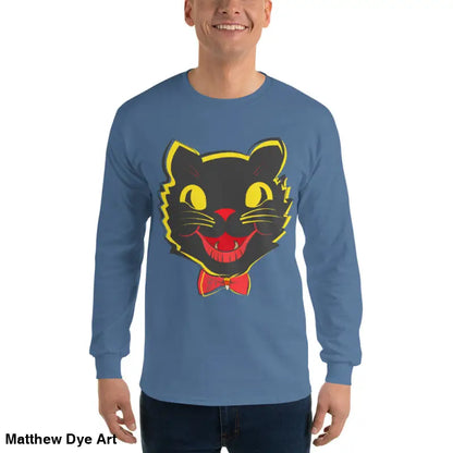 Blue Long Sleeve Shirt featuring a black cat graphic, perfect for vintage cat unisex styles