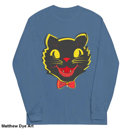 Blue long sleeve shirt featuring black cat graphic, perfect for vintage cat unisex style