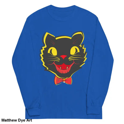 Blue long sleeve shirt featuring a black cat graphic for vintage cat unisex style