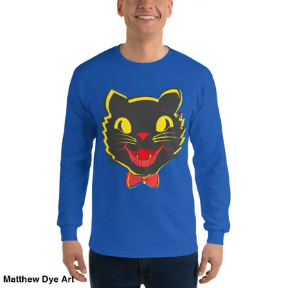 Blue long sleeve shirt featuring black cat graphic, perfect vintage cat unisex apparel