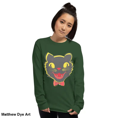 Green long sleeve shirt featuring a cat graphic from Witch’s Familiar vintage cat unisex collection