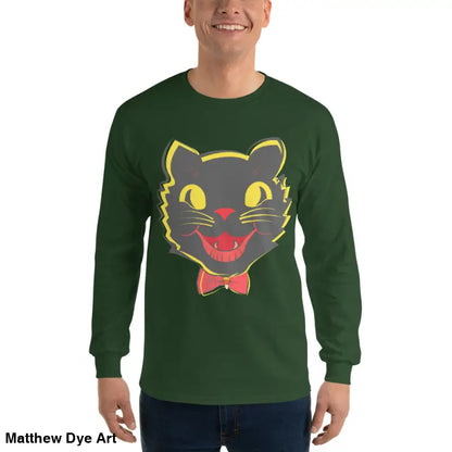 Green long sleeve shirt featuring black cat graphic from Witch’s Familiar Vintage Cat Unisex