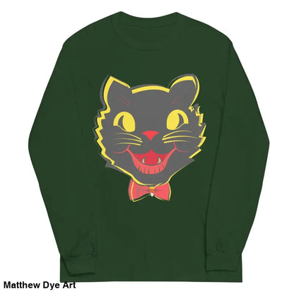 Green long sleeve shirt featuring a vintage cat graphic for unisex style